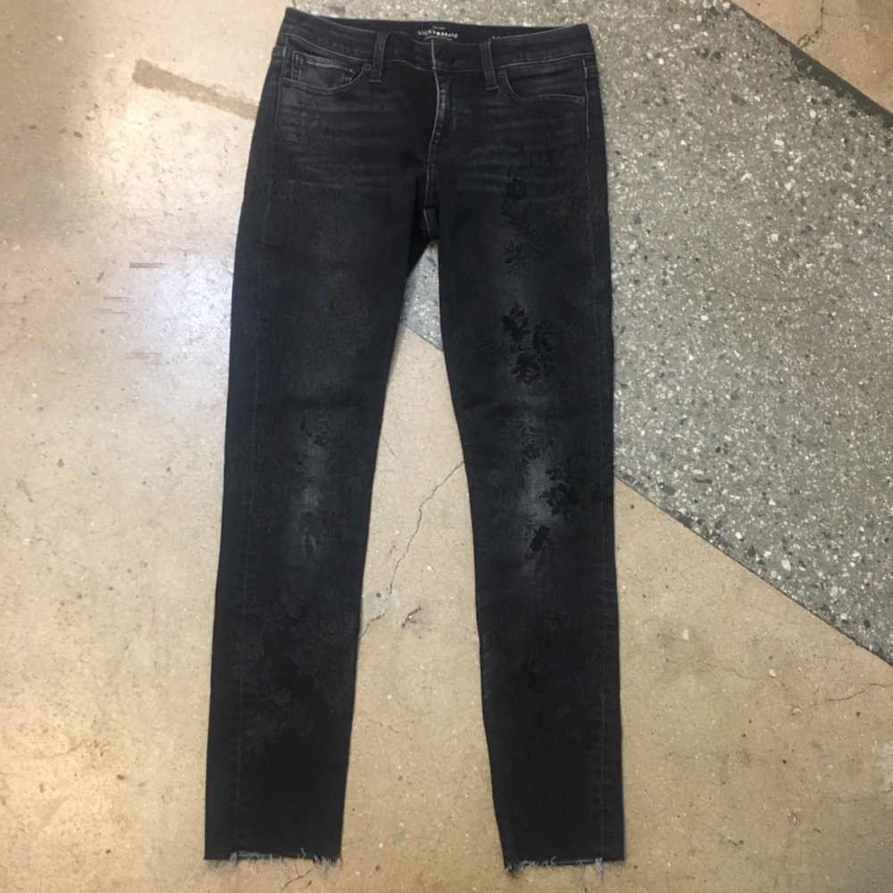 Black floral embroidered lucky jeans